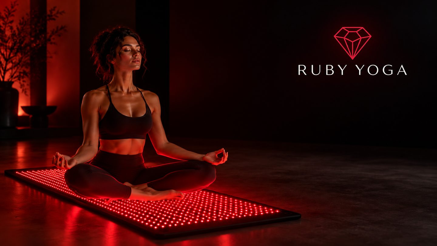 A woman meditates cross-legged on a glowing red LED yoga mat in a dark studio, beside the Ruby Yoga logo.